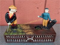 Cast Iron Golfer & Caddie Mechanical Coin Bank