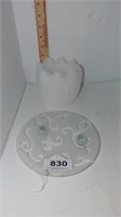 milk glass vase and candle plate