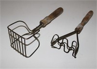 (2) ANTIQUE WOOD AND METAL WIRE POTATO MASHERS