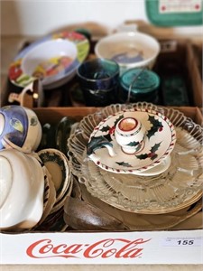 EGG PLATE, TEA POT. GLASSWARE 2-BOXES FOR ONE