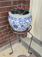 Blue & White Ceramic Flower Pot & Stand