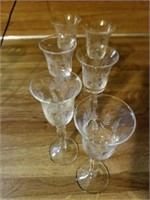 SET OF 6 CORDIAL ETCHED GLASES