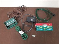 Christmas lights, extension cords and timer box