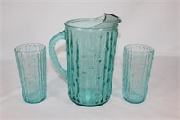 Anchor Hocking Bambook Blue Pitcher & 2 glasses