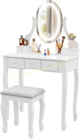 White Vanity Desk w/ Mirror, Lights, 5 Drawers
