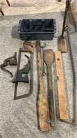 Antique tool lot including two wood paddles, a