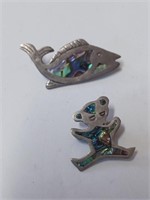 Marked Sterling Abalone Fish and Bear Brooch- 6.7g