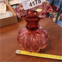 Vintage Fenton Pink Cranberry Vase w/ Ruffled Edge