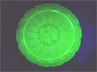 Green Depression Glass Cake Tray Cherry Blossom