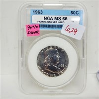 NGA 1963 MS66 90% Silver Franklin Half $1 Dollar
