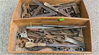 Wooden tool box w/ antique hand tools