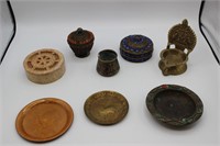 Trinket Boxes & Tray, Brass Oil Lamp & Vase