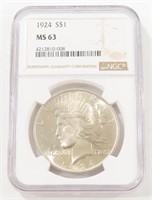 NGC GRADED 1924 SILVER PEACE DOLLAR MS63