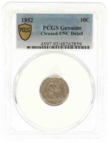 1852 US SEATED 10C SILVER COIN PCGS CLEANED-UNC DE