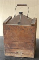 Approx. 3 gallon tin vessel in wooden crate with
