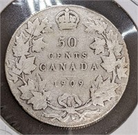 1909 Canadian Sterling Silver 50-Cent Half Dollar