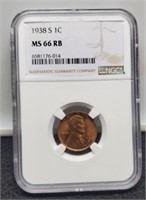 1938-S Slab Lincoln Cent NGC MS66 RB