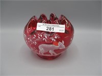 Fenton HP cranberry rose bowl w. fawn- Frederick