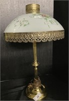 Brass & Floral Milk Glass Table Lamp.