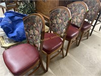 Four cushioned wood chairs, slight wear, 38in