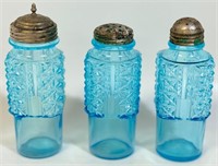 UNIQUE SET OF ANTIQUE BLUE GLASS CRUETS - SHAKERS