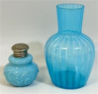 VICTORIAN GLASS SHAKER & OPALESCENT STRIPED VASE