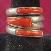 .925 Silver Ring with Red Coral Stones, sz 7.5,
