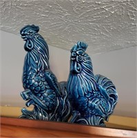 2 Blue Ceramic Chickens