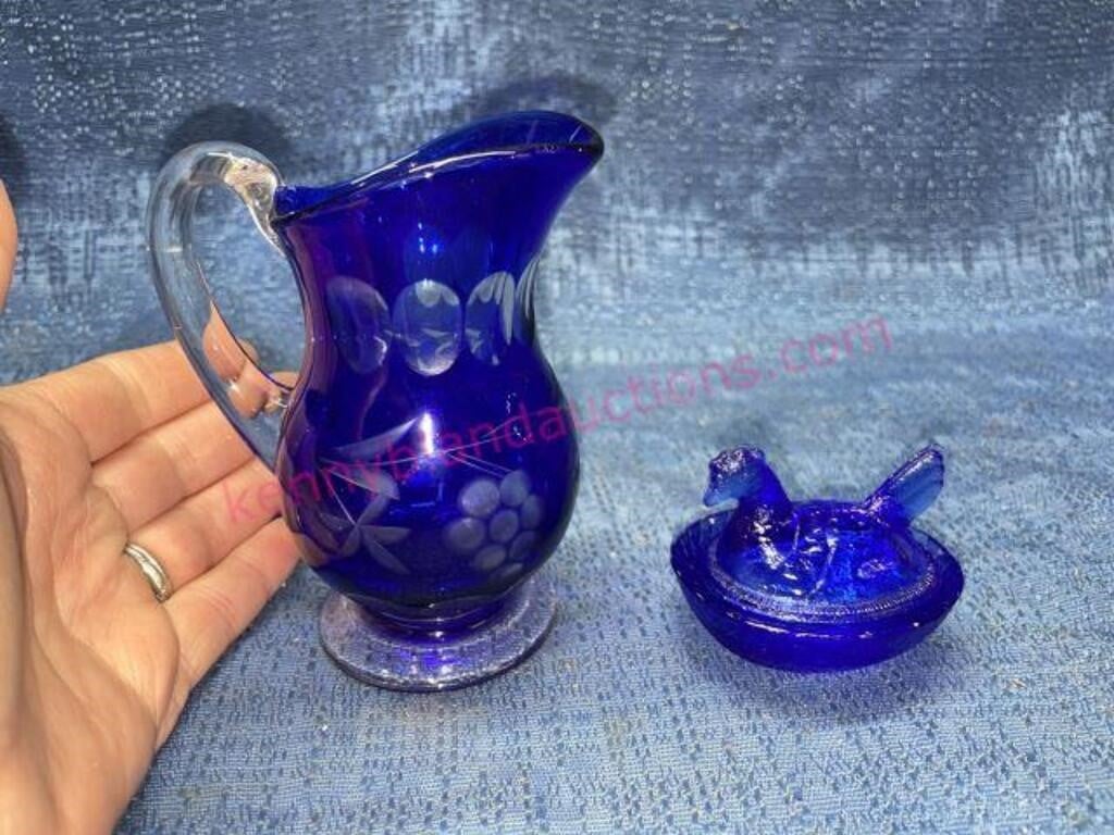 Cobalt etched pitcher (small) & mini nesting hen