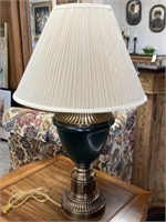 Green/ Brass Colored Metal Lamp with Cream Shade