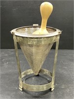 Vintage Metal Cone Sieve w/ Stand & Wood Pestle