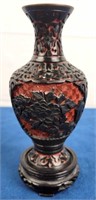 Chinese Carved Cinnabar On Brass Vase