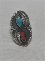 Native American Sterling Ring w/ Turq & Coral Sz 7