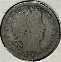 1892 Silver Barber Quarter