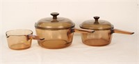 TRIO OF AMBER VISION CORNING GLASS  POTS