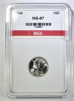 1944 MERCURY DIME, BGC SUPERB GEM BU