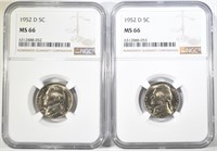 2 1952-D JEFFERSON NICKELS NGC MS-66