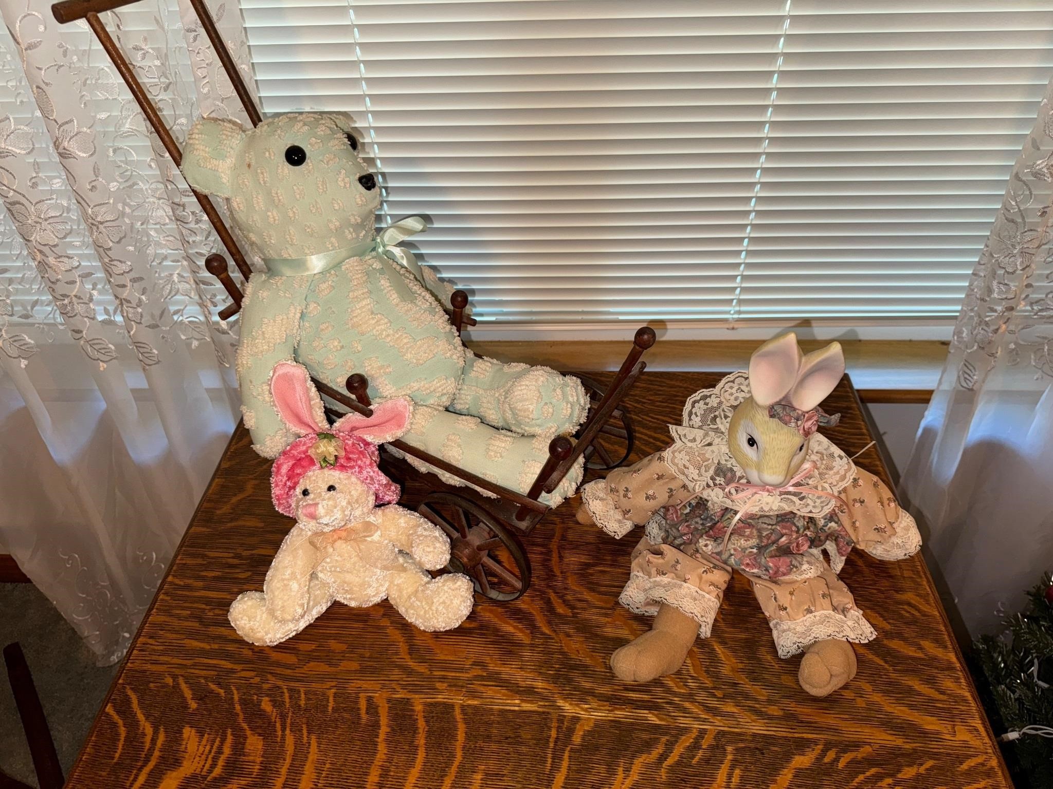 Stuffed Animals & Wooden Stroller/Pram