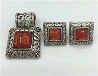 Scroll Pendant & Earrings Large Fire Red Glass w/