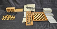 Group of vintage items with wooden chess set,