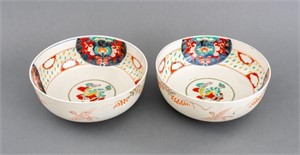 Japanese Hand-Painted Imari Porcelain Bowls, Pair