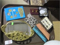 MIRROR TRAY, COINS, BUTTONS, GLASSES & MORE