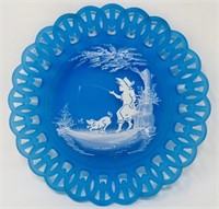 Mary Gregory Style HP Blue Lattice Plate Artist