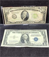 Series of 1928 B $10 Federal Reserve Note and $1