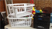 Two laundry baskets and milk crate