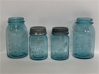 Lot of 4 vintage blue ball glass jars