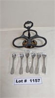 ANTIQUE SILVER CONDIMENT BOWL HOLDER WITH FORKS