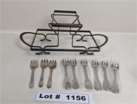 ANTIQUE SILVER RELISH PLATE HOLDER AND FORKS