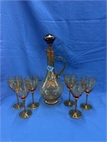 Romanian Handmade Amber Gilded Glass Decanter & 6