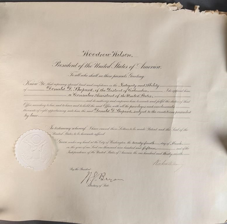 Woodrow Wilson Presidential Signed Document